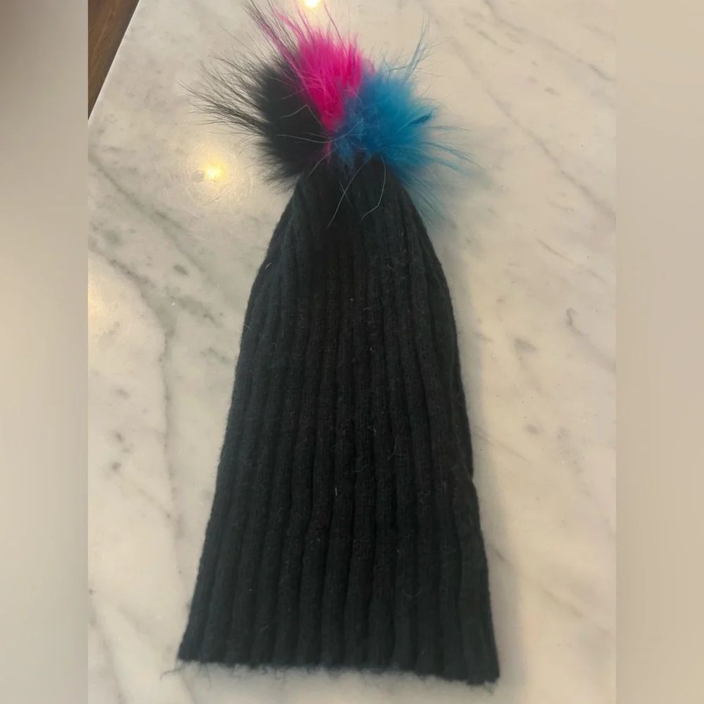 Bari Lynn Black Knit Beanie Hat with Rainbow Faux Fur Pom One Size Winter EUC